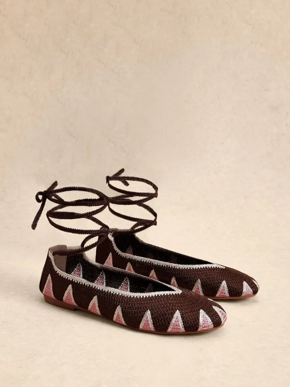 Brown Casual Women's Crochet Effect Ankle Strap Flat Round Toe Shoes